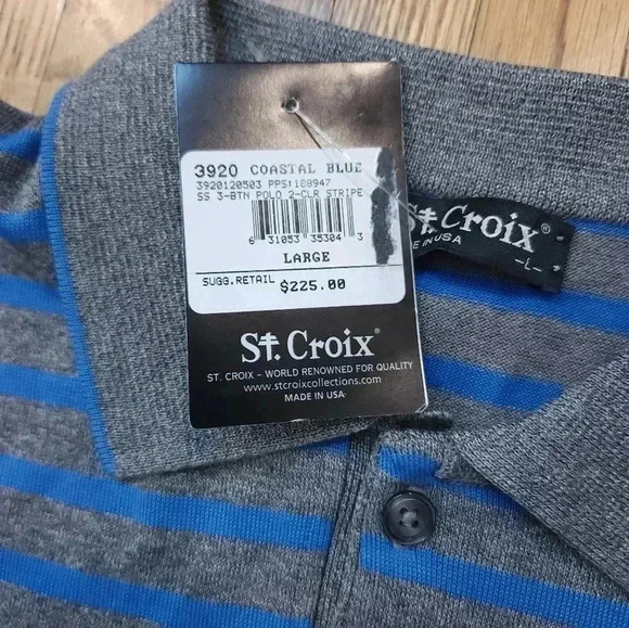 St Croix Mens Polo Shirt Size Large Grey Coastal Blue Striped NEW USA - Picture 3 of 8